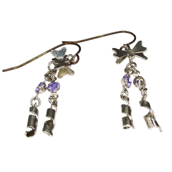 Silver Tone Ribbons and Bows Earrings, Vintage Dangle Drop Baby Blue Crystals - Picture 2 of 4